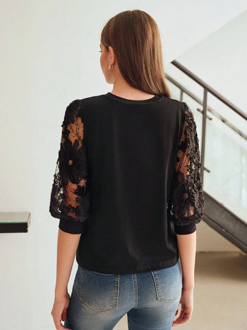 MOTF PREMIUM FLORAL PATTERN DOBBY MESH LANTERN SLEEVE TEE