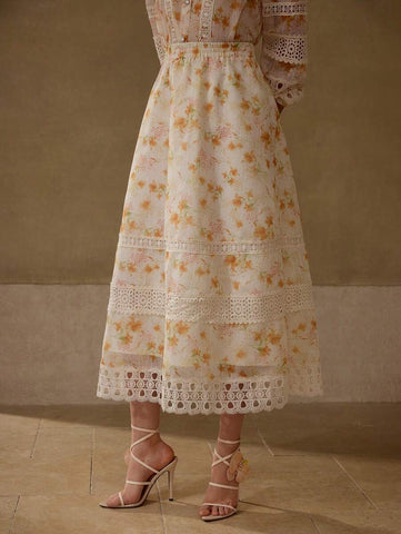 MOTF PREMIUM FLORAL PRINT CONTRAST LACE SKIRT