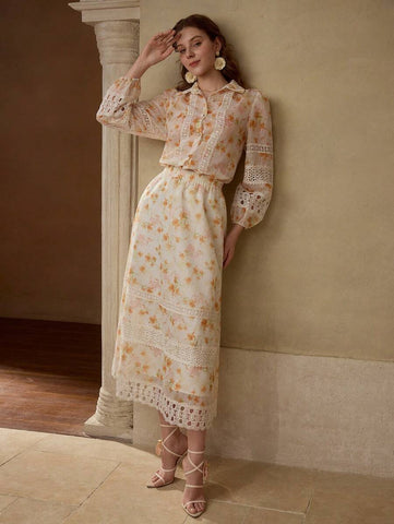 MOTF PREMIUM FLORAL PRINT CONTRAST LACE SKIRT