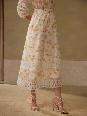 MOTF PREMIUM FLORAL PRINT CONTRAST LACE SKIRT