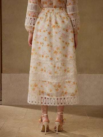 MOTF PREMIUM FLORAL PRINT CONTRAST LACE SKIRT