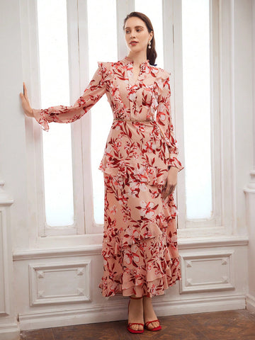 MOTF PREMIUM FLORAL PRINT FLARE SLEEVE RUFFLE TRIM DRESS