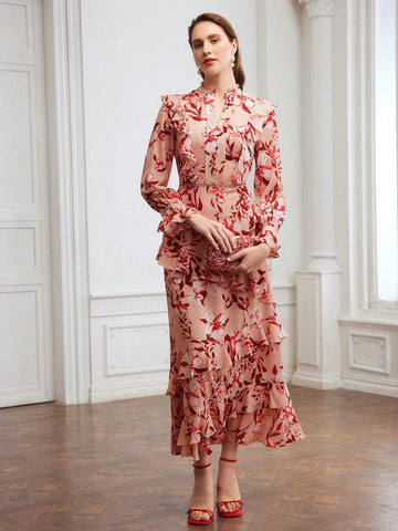 MOTF PREMIUM FLORAL PRINT FLARE SLEEVE RUFFLE TRIM DRESS