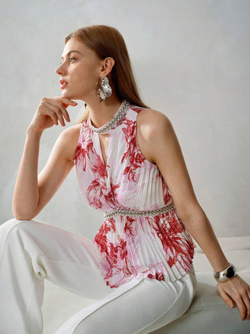 MOTF PREMIUM FLORAL PRINT KEYHOLE NECK FAUX PEARL AND RHINESTONE DETAIL PLEATED BLOUSE