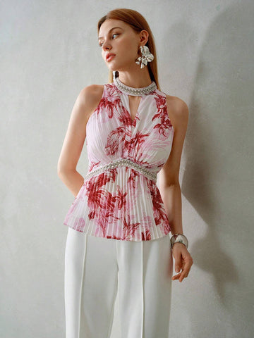 MOTF PREMIUM FLORAL PRINT KEYHOLE NECK FAUX PEARL AND RHINESTONE DETAIL PLEATED BLOUSE