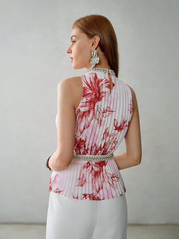 MOTF PREMIUM FLORAL PRINT KEYHOLE NECK FAUX PEARL AND RHINESTONE DETAIL PLEATED BLOUSE