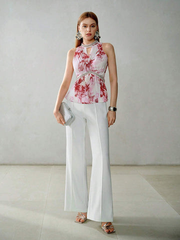 MOTF PREMIUM FLORAL PRINT KEYHOLE NECK FAUX PEARL AND RHINESTONE DETAIL PLEATED BLOUSE