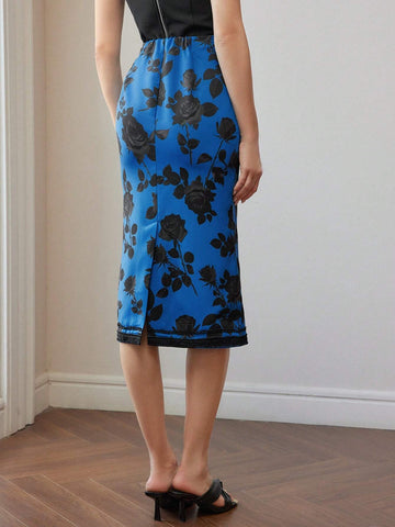 MOTF PREMIUM FLORAL PRINT LACE TRIM STRAIGHT SKIRT