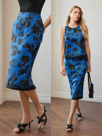 MOTF PREMIUM FLORAL PRINT LACE TRIM STRAIGHT SKIRT