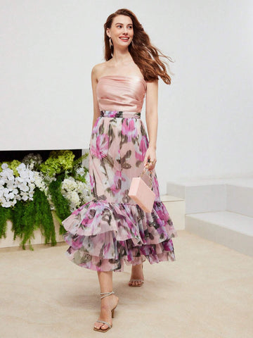 MOTF PREMIUM FLORAL PRINT LAYERED RUFFLE HEM SKIRT