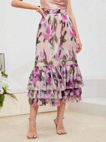 MOTF PREMIUM FLORAL PRINT LAYERED RUFFLE HEM SKIRT