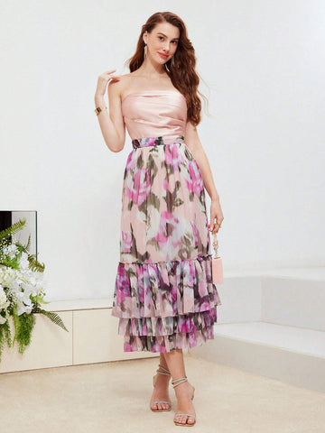 MOTF PREMIUM FLORAL PRINT LAYERED RUFFLE HEM SKIRT