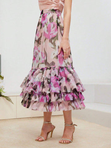 MOTF PREMIUM FLORAL PRINT LAYERED RUFFLE HEM SKIRT