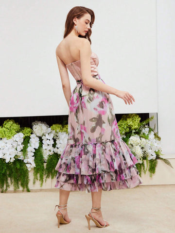 MOTF PREMIUM FLORAL PRINT LAYERED RUFFLE HEM SKIRT