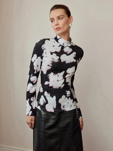 MOTF PREMIUM FLORAL PRINT MOCK NECK BELL SLEEVE TEE