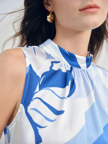 MOTF PREMIUM FLORAL PRINT MOCK NECK FOLD PLEATED SLEEVELESS BLOUSE