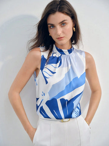 MOTF PREMIUM FLORAL PRINT MOCK NECK FOLD PLEATED SLEEVELESS BLOUSE