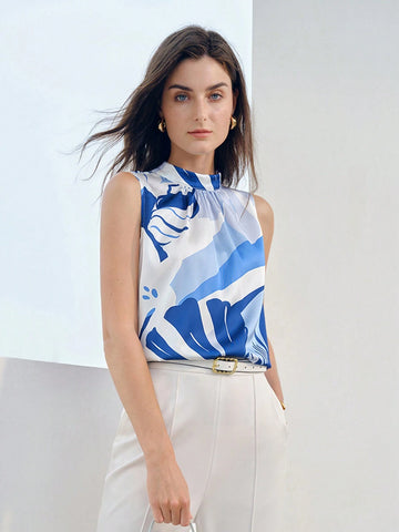 MOTF PREMIUM FLORAL PRINT MOCK NECK FOLD PLEATED SLEEVELESS BLOUSE