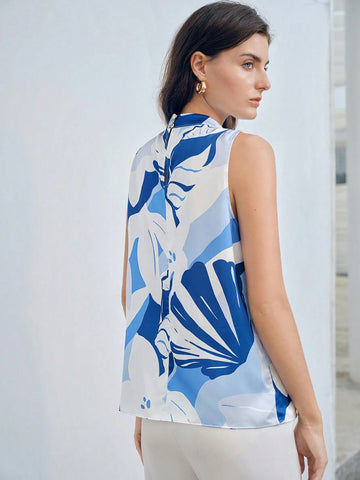 MOTF PREMIUM FLORAL PRINT MOCK NECK FOLD PLEATED SLEEVELESS BLOUSE