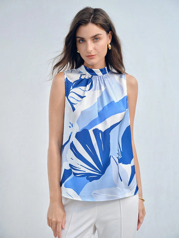 MOTF PREMIUM FLORAL PRINT MOCK NECK FOLD PLEATED SLEEVELESS BLOUSE