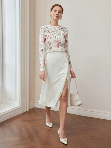 MOTF PREMIUM FLORAL PRINT RUFFLE TRIM T-SHIRT