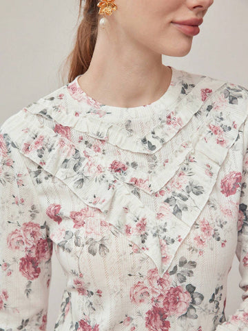 MOTF PREMIUM FLORAL PRINT RUFFLE TRIM T-SHIRT