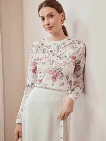 MOTF PREMIUM FLORAL PRINT RUFFLE TRIM T-SHIRT