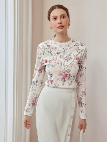 MOTF PREMIUM FLORAL PRINT RUFFLE TRIM T-SHIRT