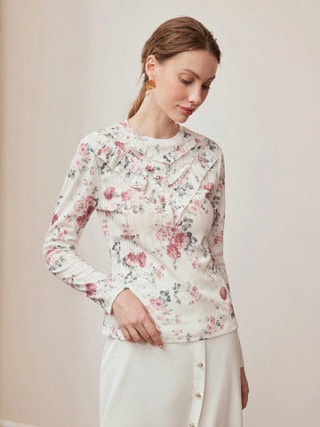 MOTF PREMIUM FLORAL PRINT RUFFLE TRIM T-SHIRT