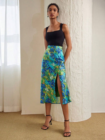 MOTF PREMIUM FLORAL PRINT SPLIT THIGH SKIRT