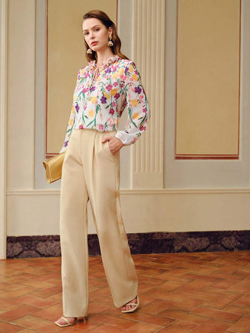 MOTF PREMIUM FLORAL PRINT STEREO FLOWER TIE NECK LANTERN SLEEVE BLOUSE