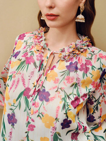 MOTF PREMIUM FLORAL PRINT STEREO FLOWER TIE NECK LANTERN SLEEVE BLOUSE