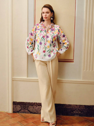 MOTF PREMIUM FLORAL PRINT STEREO FLOWER TIE NECK LANTERN SLEEVE BLOUSE