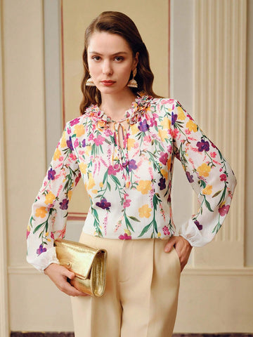 MOTF PREMIUM FLORAL PRINT STEREO FLOWER TIE NECK LANTERN SLEEVE BLOUSE