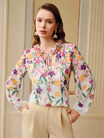 MOTF PREMIUM FLORAL PRINT STEREO FLOWER TIE NECK LANTERN SLEEVE BLOUSE