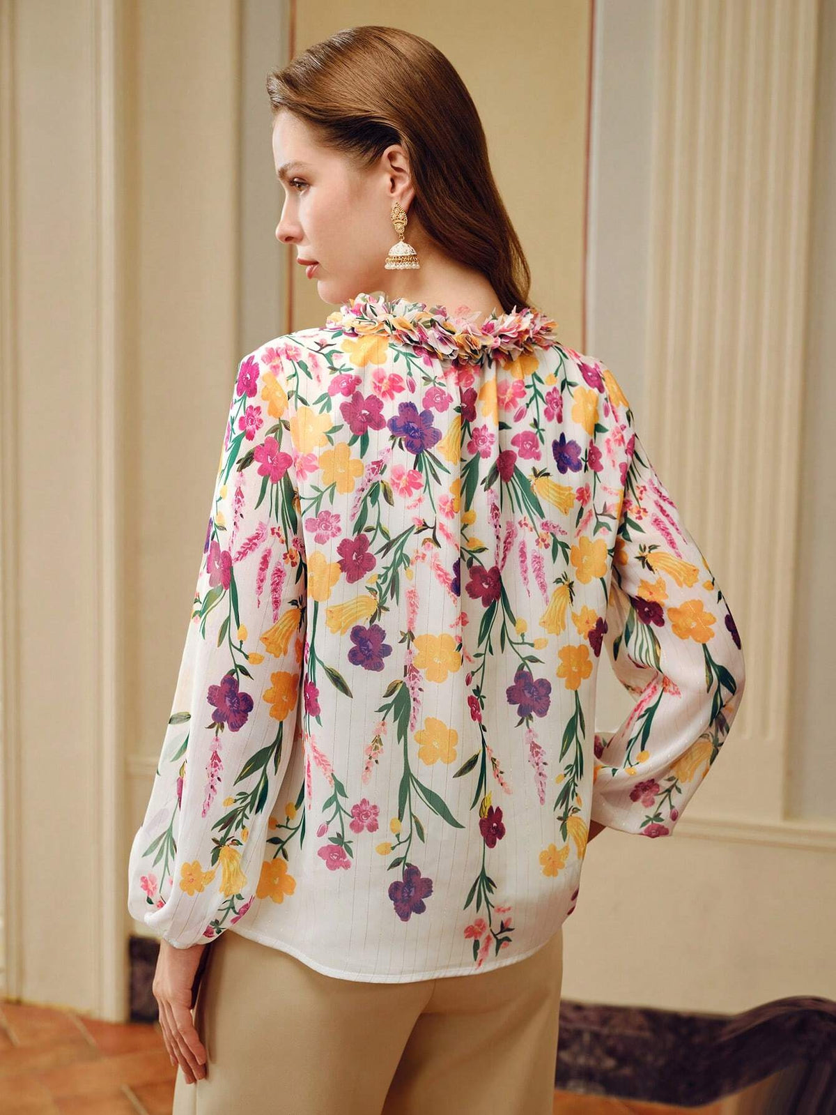 MOTF PREMIUM FLORAL PRINT STEREO FLOWER TIE NECK LANTERN SLEEVE BLOUSE