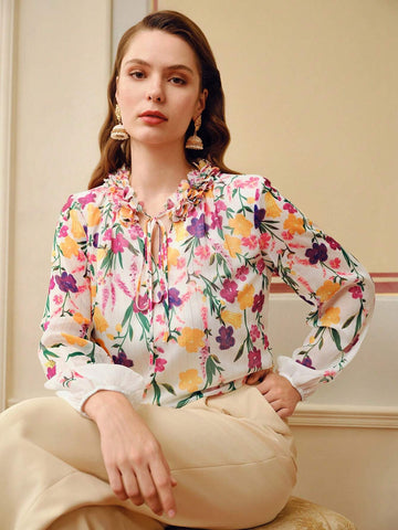 MOTF PREMIUM FLORAL PRINT STEREO FLOWER TIE NECK LANTERN SLEEVE BLOUSE