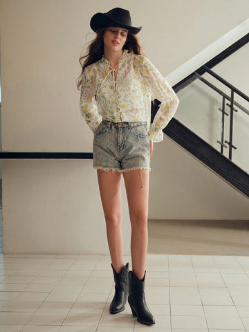 MOTF PREMIUM FLORAL PRINT TIE NECK LIGHTWEIGHT BLOUSE