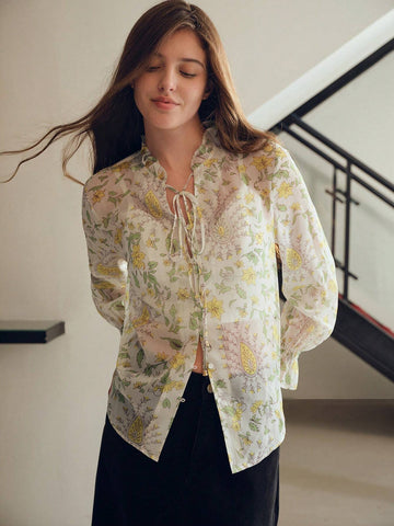 MOTF PREMIUM FLORAL PRINT TIE NECK LIGHTWEIGHT BLOUSE