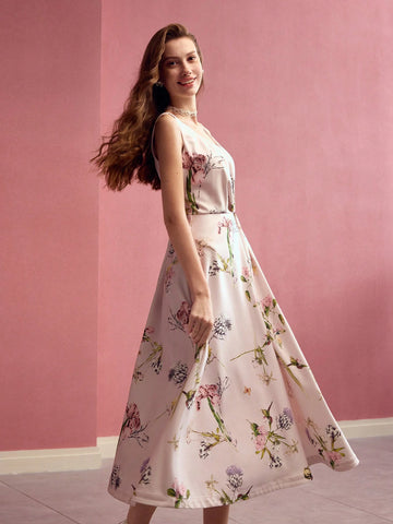 MOTF PREMIUM FLORA PRINT FOLD PLEATED TANK DRESS,VALENTINE'S DAY