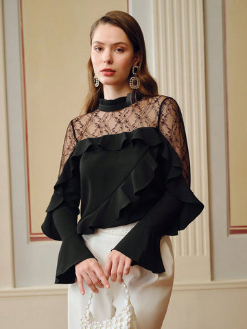 MOTF PREMIUM FRILL MOCK NECK LACE YOKE RUFFLE TRIM BLOUSE