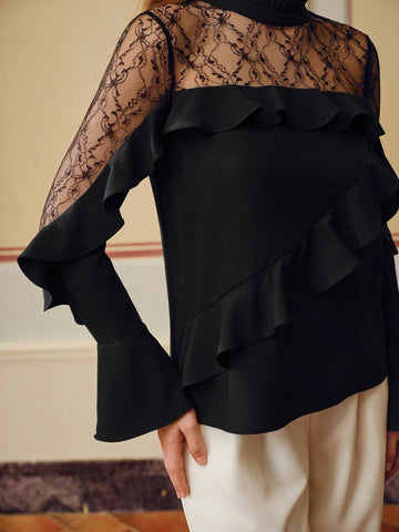 MOTF PREMIUM FRILL MOCK NECK LACE YOKE RUFFLE TRIM BLOUSE