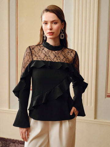MOTF PREMIUM FRILL MOCK NECK LACE YOKE RUFFLE TRIM BLOUSE