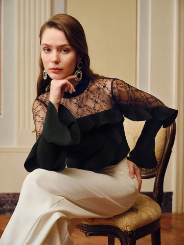 MOTF PREMIUM FRILL MOCK NECK LACE YOKE RUFFLE TRIM BLOUSE