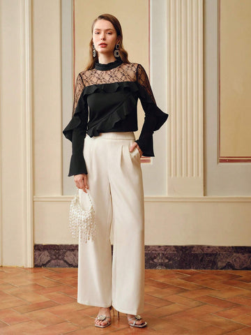 MOTF PREMIUM FRILL MOCK NECK LACE YOKE RUFFLE TRIM BLOUSE