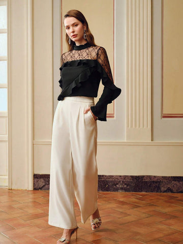 MOTF PREMIUM FRILL MOCK NECK LACE YOKE RUFFLE TRIM BLOUSE
