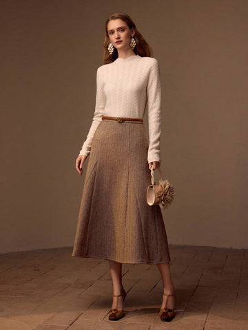 MOTF PREMIUM HERRINGBONE PRINT SLANT POCKET FLARE SKIRT WITHOUT BELT