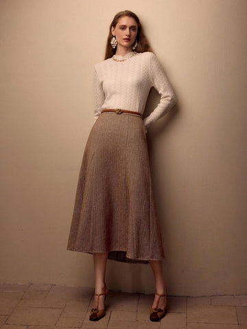 MOTF PREMIUM HERRINGBONE PRINT SLANT POCKET FLARE SKIRT WITHOUT BELT