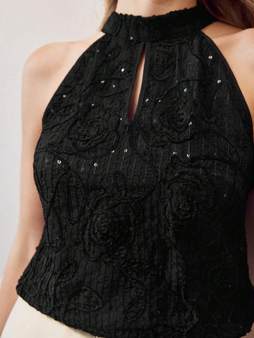 MOTF PREMIUM KEYHOLE NECK EMBROIDERY FLORAL PATTERN CONTRAST SEQUIN SLEEVELESS BLOUSE