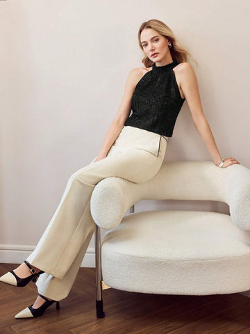 MOTF PREMIUM KEYHOLE NECK EMBROIDERY FLORAL PATTERN CONTRAST SEQUIN SLEEVELESS BLOUSE